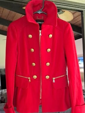 Express Red Double-Breasted Military Pea Coat with Gold Buttons